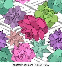 Vector Succulents floral botanical flower. Wild spring leaf wildflower isolated. Engraved ink art. Seamless background pattern. Fabric wallpaper print texture.