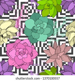 Vector Succulents floral botanical flower. Wild spring leaf wildflower isolated. Engraved ink art. Seamless background pattern. Fabric wallpaper print texture.