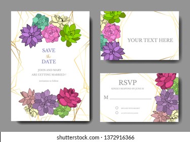 Vector Succulents floral botanical flower. Engraved ink art. Wedding background card floral decorative border. Thank you, rsvp, invitation elegant card illustration graphic set banner.