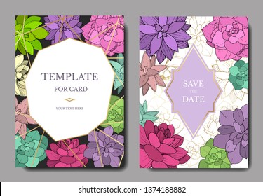 Vector Succulents floral botanical flower. Engraved ink art. Wedding background card floral decorative border. Thank you, rsvp, invitation elegant card illustration graphic set banner.