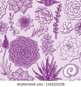 Vector succulents seamless pattern. Succulent ornament.  Natural composition. Colored succulents and cactus floral print. Hand drawn art work.