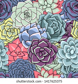 Vector succulents seamless pattern. Succulent ornament. Multicolored floral pattern with beautiful plants. Doodle art illustration.