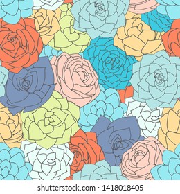 Vector succulents seamless pattern. Succulent ornament. Multicolored floral pattern with beautiful plants. Doodle art illustration.