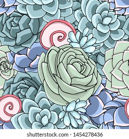 Vector succulents seamless pattern. Succulent ornament. Natural composition. Colored succulents and cactus floral print. Hand drawn art work.