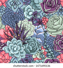 Vector succulents seamless pattern. Succulent ornament. Multicolored floral pattern with beautiful plants. Doodle art illustration.