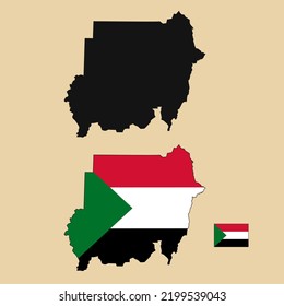 Vector of Sudan country outline map with flag set isolated on plain background. Silhouette of country map can be used for template, report, and infographic.