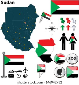 Vector of Sudan set with detailed country shape with region borders, flags and icons