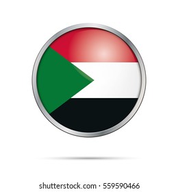Vector Sudanese flag button. Sudan flag glass button style with metal frame.