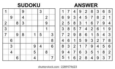 Vector sudoku with answer 18. Educational game with numbers for kids and leisure for adult on white background.