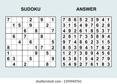 Vector sudoku with answer 192. Puzzle game with numbers.
