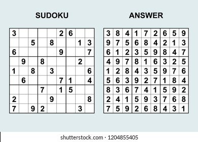 Vector sudoku with answer 197. Puzzle game with numbers.