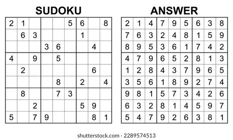 Vektor Sudoku mit Antwort 21. Erziehungsspiel mit Zahlen für Kinder und Freizeit für Erwachsene auf weißem Hintergrund.