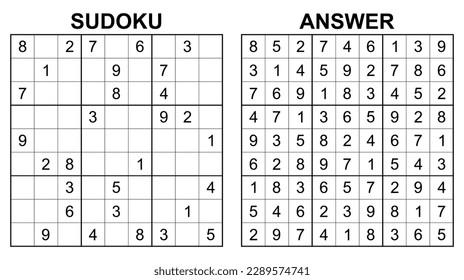 Vector sudoku with answer 22. Educational game with numbers for kids and leisure for adult on white background.