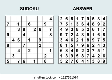 Vector sudoku with answer 229. Puzzle game with numbers.