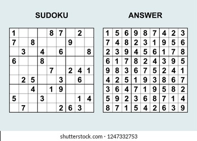 Vector sudoku with answer 232. Puzzle game with numbers.