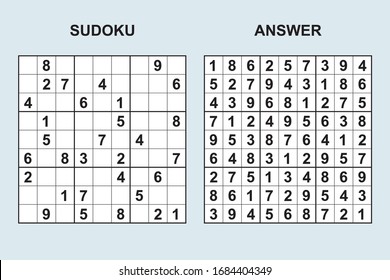 Vector sudoku con respuesta 399. Juego de rompecabezas con números.