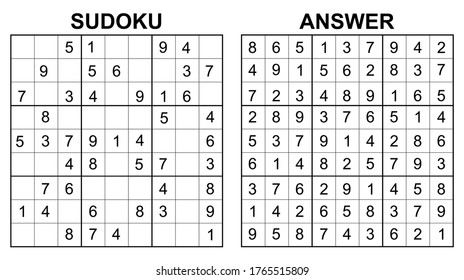 Vector sudoku with answer. Educational game with numbers for kids and leisure for adult on white background.