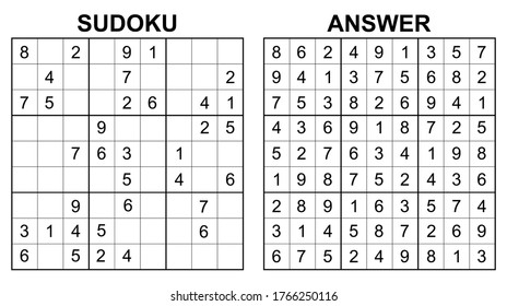 Vector sudoku with answer. Educational game with numbers for kids and leisure for adult on white background.