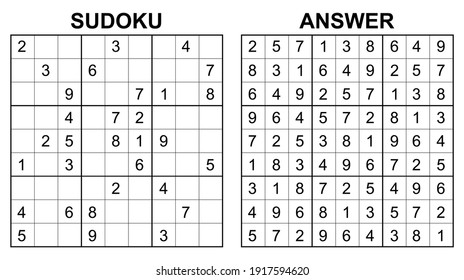 Vector sudoku with answer. Educational game with numbers for kids and leisure for adult on white background.