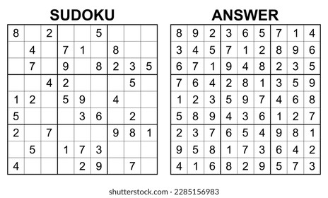 Vector sudoku with answer. Educational game with numbers for kids and leisure for adult on white background.