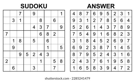 Vector sudoku with answer. Educational game with numbers for kids and leisure for adult on white background.