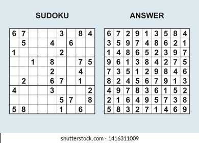 Vector sudoku with answer. Puzzle game with numbers.