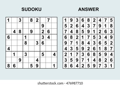 Vector sudoku with answer. Puzzle game with numbers.