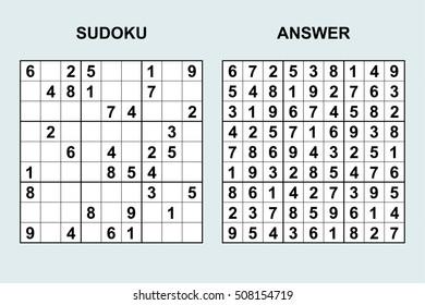 Vector sudoku with answer. Puzzle game with numbers.