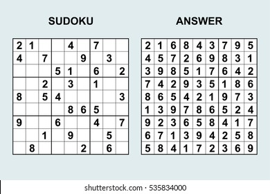 Vector sudoku with answer. Puzzle game with numbers.