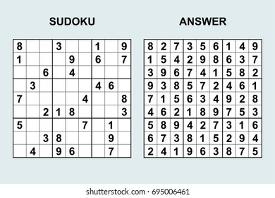 Vector sudoku with answer. Puzzle game with numbers.