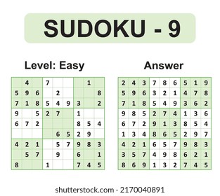 Vector Sudoku game with solution. Modern and simple vector. Easy level - set 9