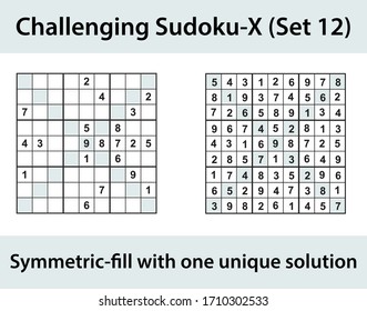 Vector Sudoku X puzzle with solution - challenging level