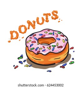 Vector sugar donut illustration. Caramel donut. Donut with topping for bakery menu. 