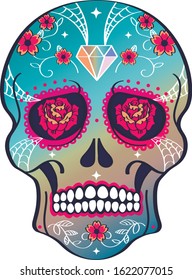 Vector sugar skull in blue and pink with diamonds and roses. Dia de Muertos. Mexican calavera for Day of dead.