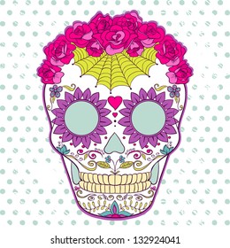 Vector Sugar Skull can be used for T-short, bag and other clothes. Day of The Dead colorful Skull with floral ornament
