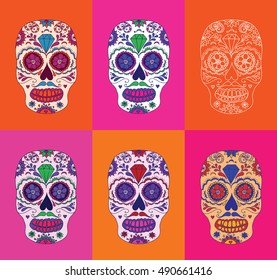 Vector sugar skull color illustration, t-shirt graphics. Mexican Day of the dead sugar skull. 