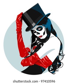Vector Sugar Skull girl in top hat and red dress