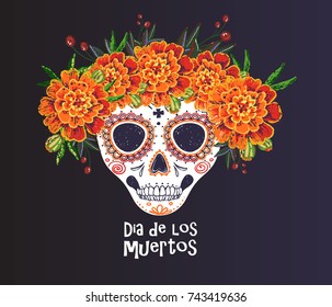 Vector sugar skull with marigold flowers wreath illustration in watercolor style. Dia de los muertos day. Halloween poster background, greeting card or t-shirt design on white backdrop