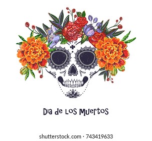 Vector sugar skull with marigold and roses embroidery flowers illustration in watercolor style. Dia de los muertos day. Halloween poster background, greeting card or t-shirt design on white backdrop