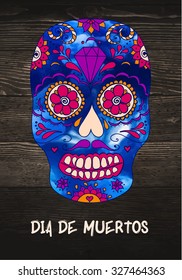 Vector sugar skull on wooden background. Mexican skull. Day of the dead skull. Dia de los muertos skull illustration. EPS10 vector illustration with place for your text. Easy editable.
