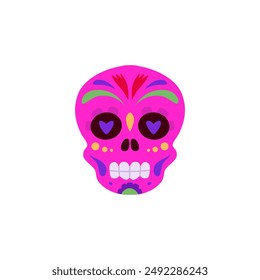 Vector sugar skull in pink color for Dia de los Muertos. An essential element for celebrating the Day of the Dead in Mexico, ideal for design on an isolated background. Flat style.