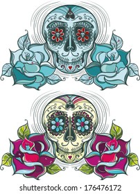 Vector sugar skull with roses. Colorful and unicolour. eps10