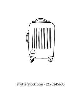 Vector suitcase, bag or backpack for travel. Various types of hand luggage, suitcases and bags are hand drawn in a linear style. For the design of advertisements, brochures, banners and posters