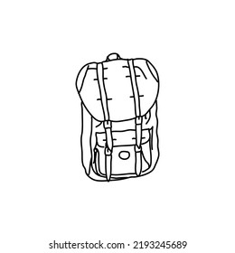 Vector suitcase, bag or backpack for travel. Various types of hand luggage, suitcases and bags are hand drawn in a linear style. For the design of advertisements, brochures, banners and posters