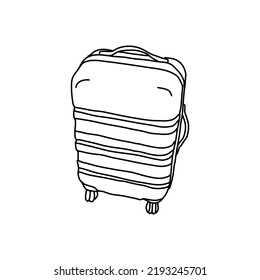 Vector suitcase, bag or backpack for travel. Various types of hand luggage, suitcases and bags are hand drawn in a linear style. For the design of advertisements, brochures, banners and posters