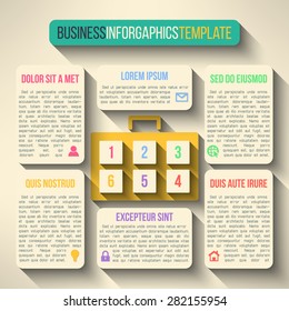 Vector suitcase infographics in modern flat design. Text boards and icons template with long shadows suitable for presentation or web page design.