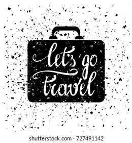 Vector Suitcase Silhouette Icon Typography Design on White Grunge Background. Vintage Travel Poster, Banner, Logo or Label with Lettering.