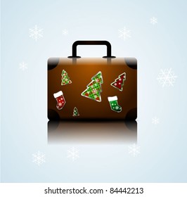 Vector suitcase with stickers. Christmas vacation concept