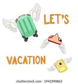 Vector suitcases flying with wings in Cartoon style, place for text and cope space and baggage on isolated white background for prints, posters, booklets, icons for apps and websites.