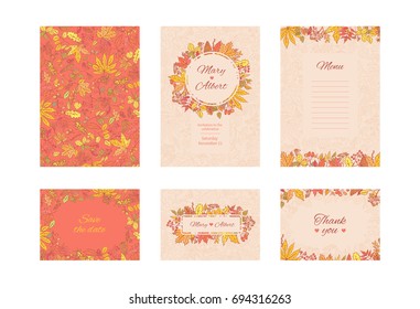 Vector suite wedding invitation card. Set frame cards with autumn leaves and berries. Collection decorative design concept in pastel and bright colours. Invite to an anniversary or birthday.